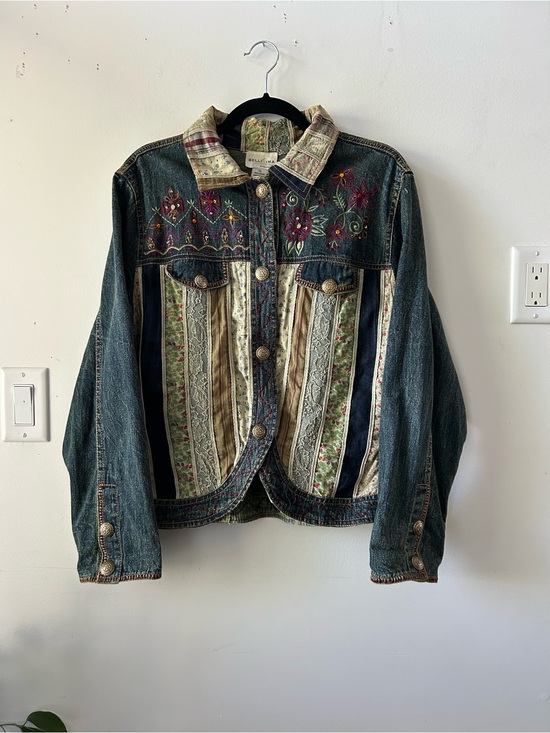 Vintage Jackets & Blazers - Vintage Embellished Patchwork Mixed Media Denim Boho Cattagecore Artsy Jacket